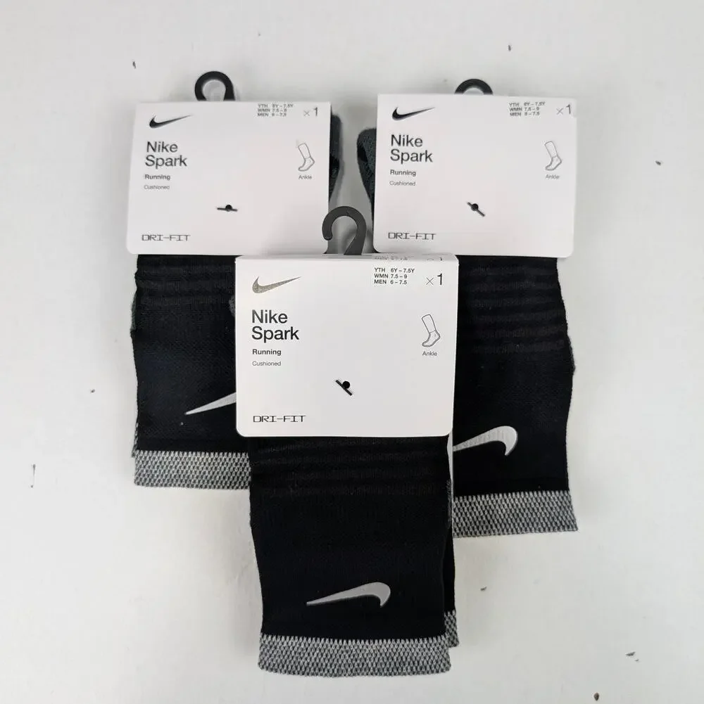 Nike Spark Black Ankle Running Socks 3 Pair Bundle - W7.5-9 - M6-7.5